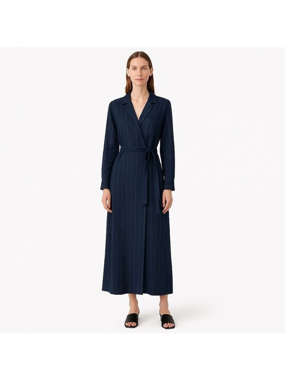 NWT Linen Blend Wrap Maxi Dress Conbipel Navy Pinstripe Italian L/XL